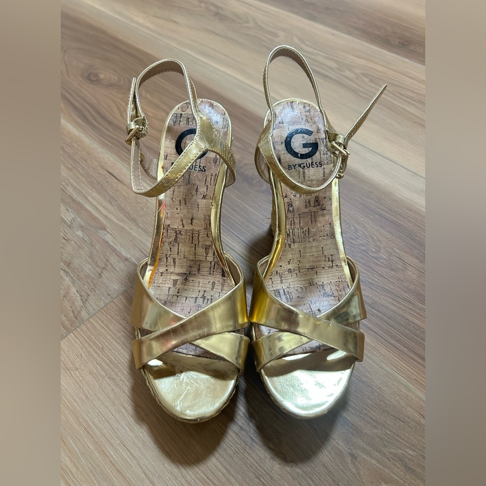 G by Guess Gold Metallic Crisscross Wedges, size 8M